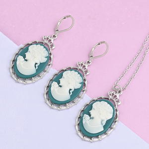 Teal Cameo Necklace and Earring Set