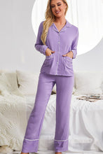 Load image into Gallery viewer, Contrast Lapel Collar Shirt and Pants Pajama Set with Pockets
