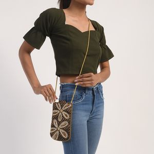 Black and Gold Embroidered Cross Body Bag