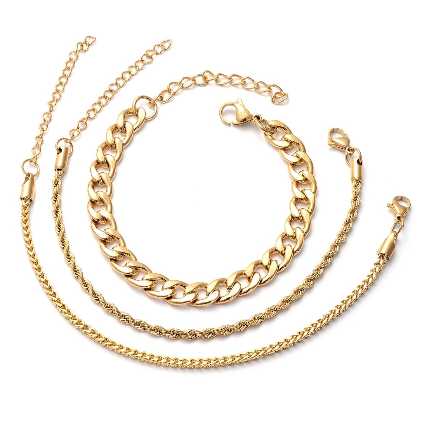Set of 3 Figaro, Rope and Wheat Chain Bracelet