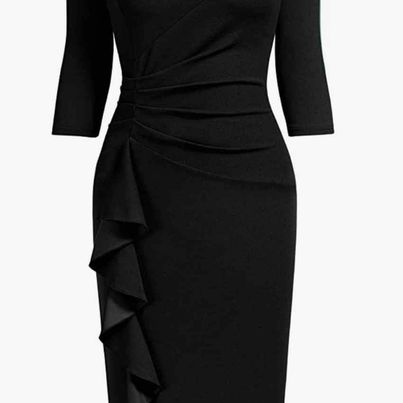 Aisize Ruched Front Ruffle 3/4 Sleeve Dress Size Small