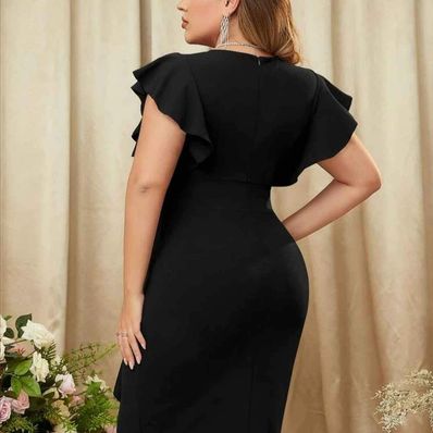 Knitee Women's Vintage V Neck Ruffle Sleeve Business Cocktail Pencil Dress Size Mediumm