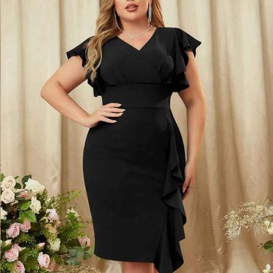 Knitee Women's Vintage V Neck Ruffle Sleeve Business Cocktail Pencil Dress Size Mediumm