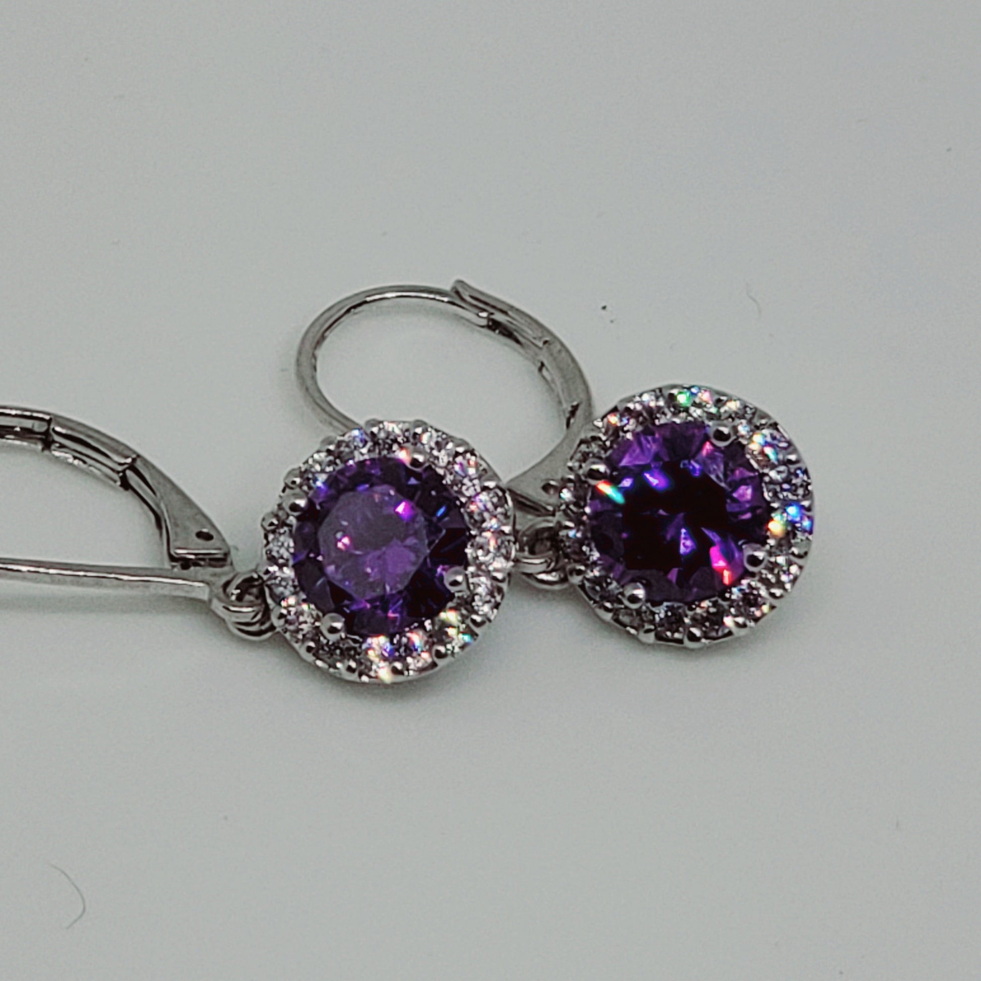 Purple Sapphire and Diamond Halo Drop Earrings - WHIMSICALIA