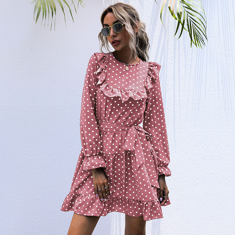 Autumn And Winter Dress Long-sleeved Polka Dot Ruffled Lace-up Skirt