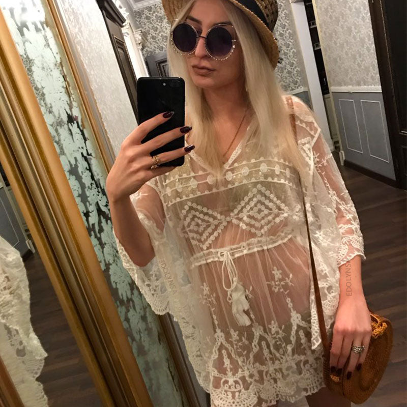 Lace Mesh Embroidered Swimsuit Coverup