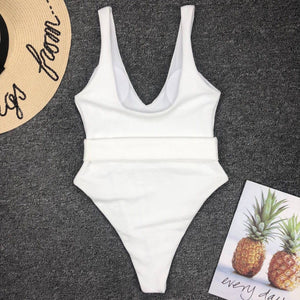 Women's One Piece Belted French Leg White Swimsuit