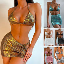 Load image into Gallery viewer, Women&#39;s 3 Piece Halter Snake Pattern Bikini Set With Cover Up
