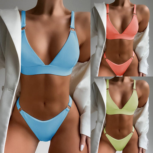 2pcs Bikini Solid Color Small Circle Accent Swimsuit