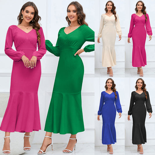 Women's Fashion Temperament V-neck Long Sleeve Dress