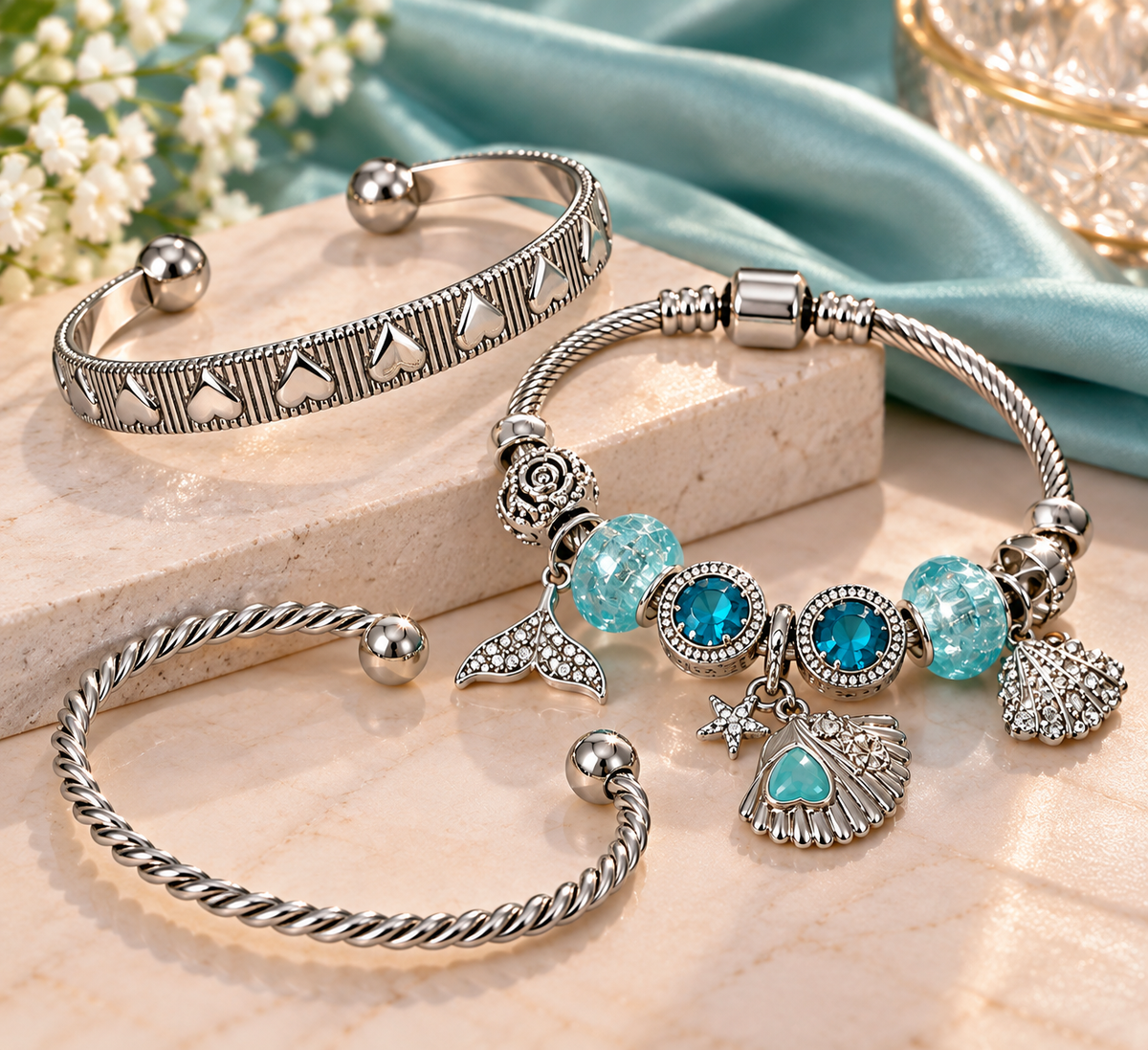 Ocean Charm Bangle and Bracelet Set Blue Crystals