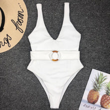 Load image into Gallery viewer, Women&#39;s One Piece Belted French Leg White Swimsuit
