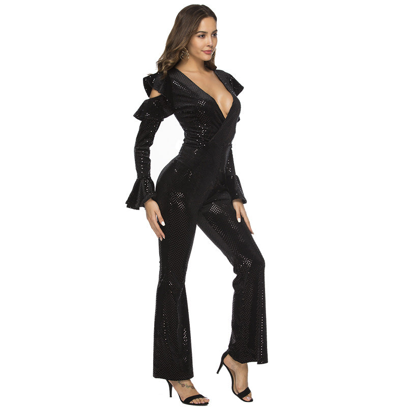 Women's Deep V Long Sleeve Flair Leg Jumpsuit