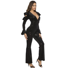 Load image into Gallery viewer, Women&#39;s Deep V Long Sleeve Flair Leg Jumpsuit
