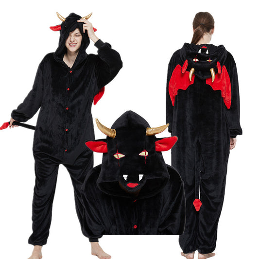 Adult Kigurumi Devil Onesies Flannel Cute Animal Pajamas Sets Kids Winter Demon Nightie Pyjamas Sleepwear Homewear