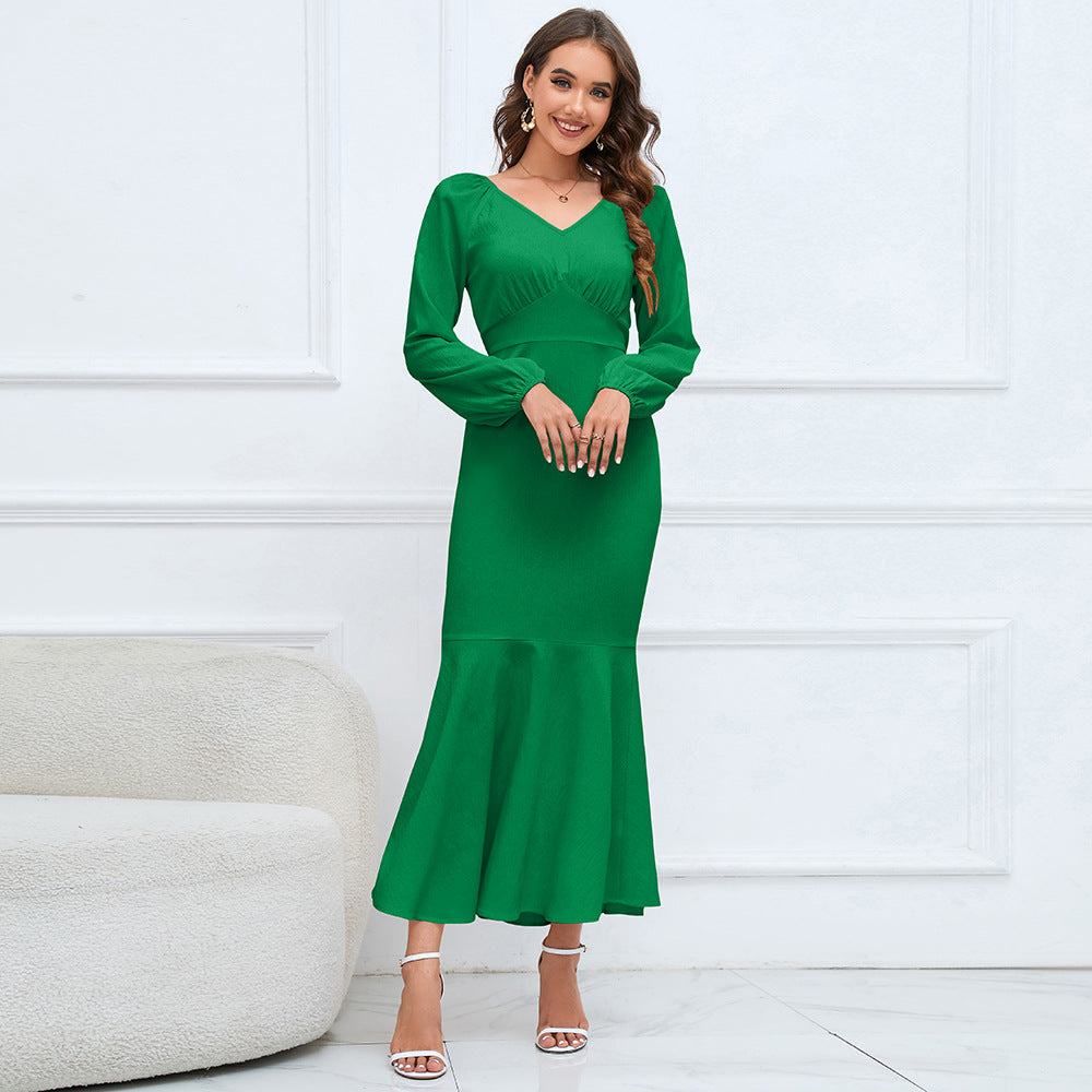 Women's Fashion Temperament V-neck Long Sleeve Dress