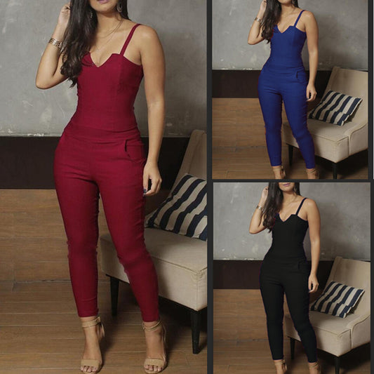 Ladies Summer Solid Color Skinny Jumpsuit High Stretch Suspender Jumpsuit