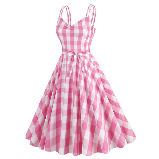 Hepburn Style British Lattice Vintage Belt Barbie Pink Women's Dress