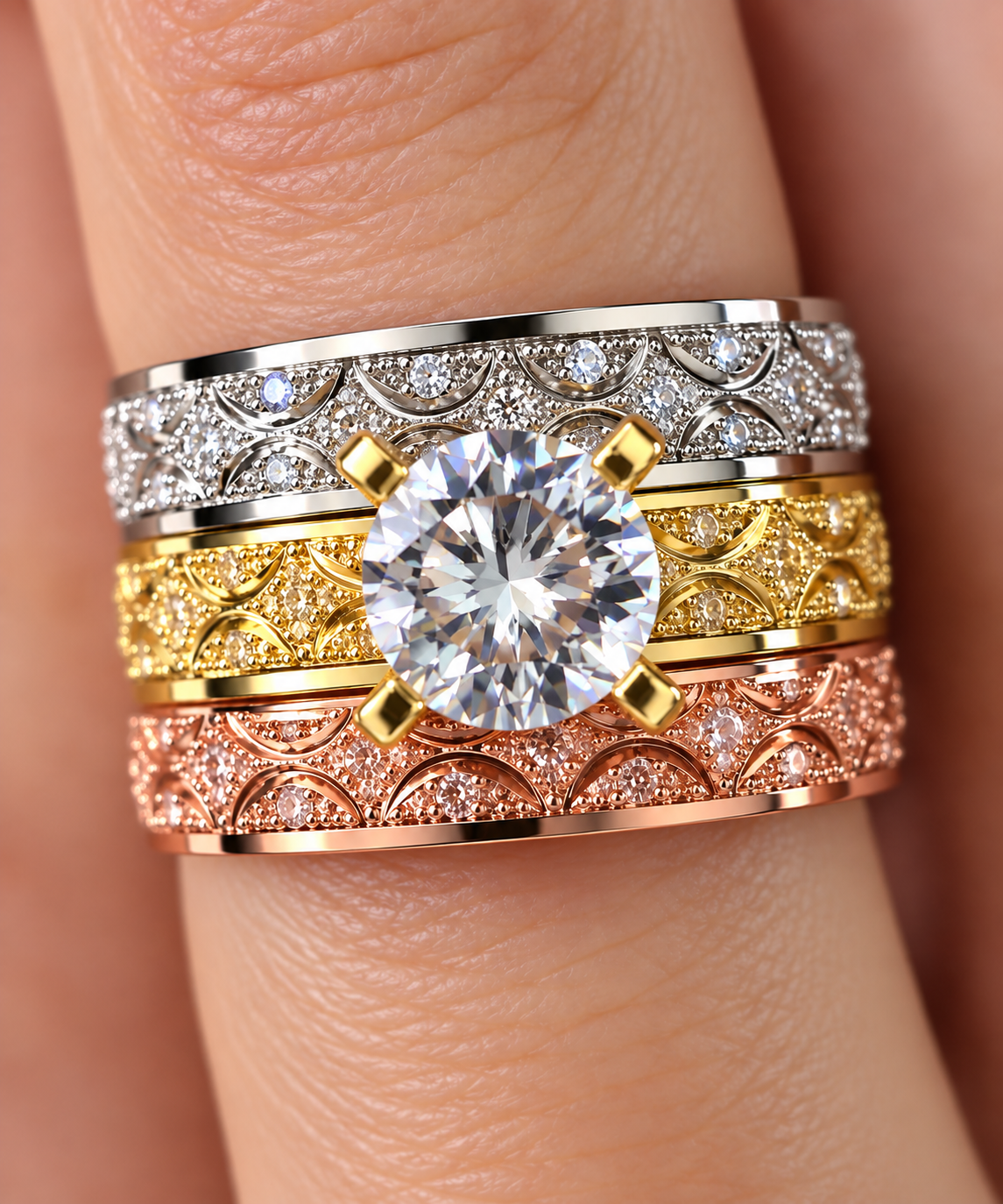 Stunning 3-Tone Vintage-Inspired CZ Statement Ring
