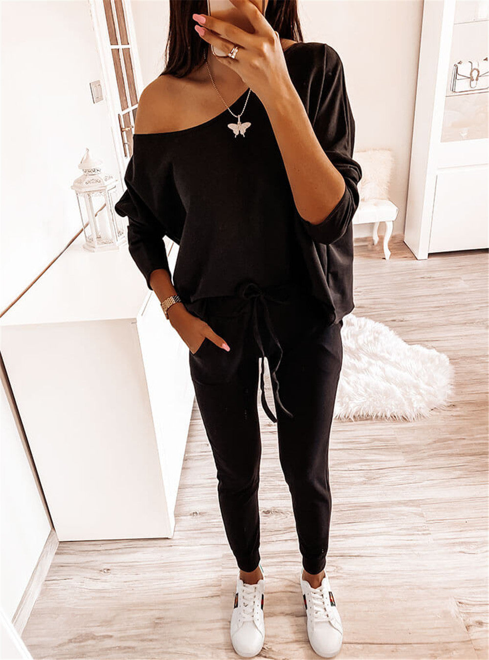 Solid Color Long Sleeve Off Shoulder 2-piece Suit