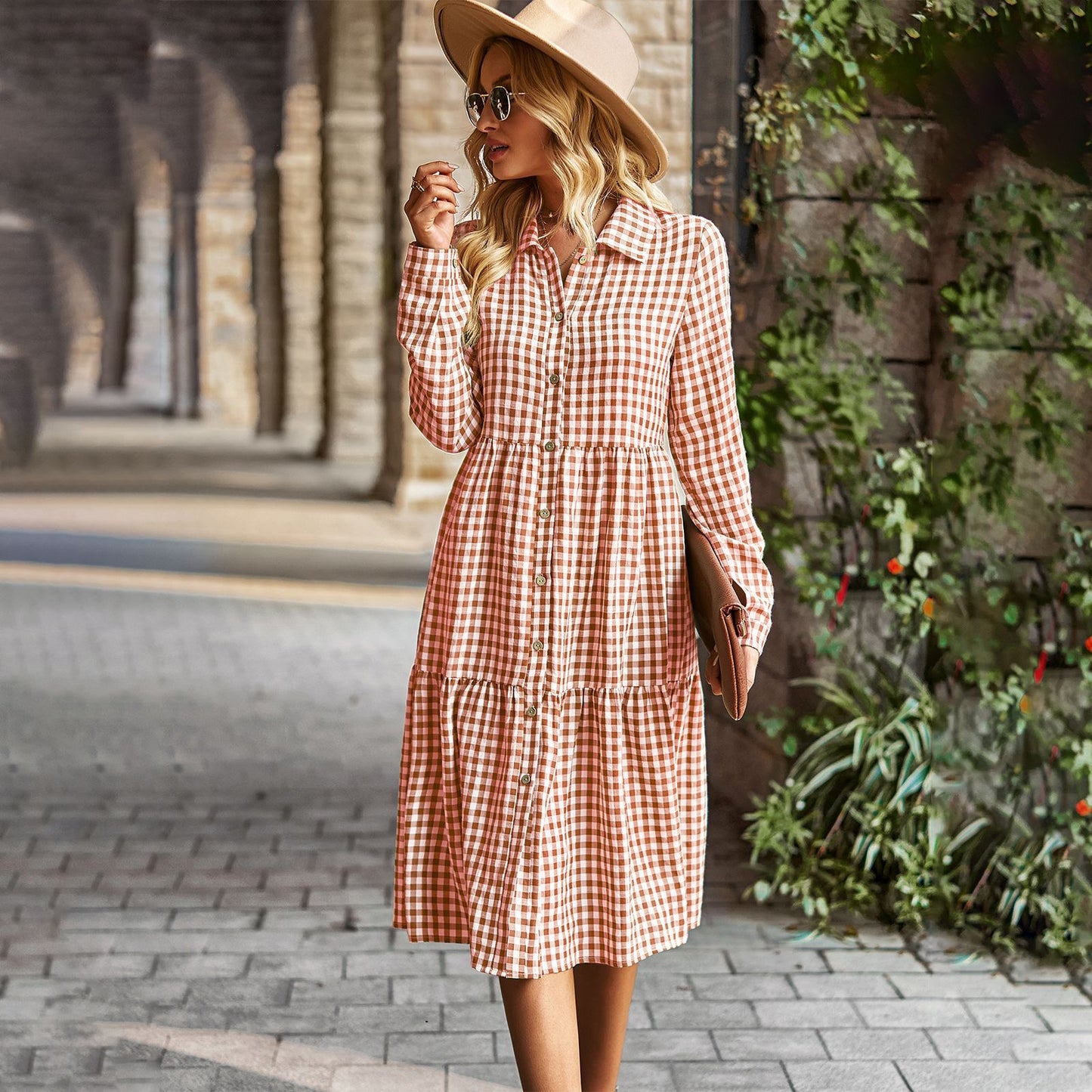 Wide Hem Long Sleeve Dress Plaid Casual Dress