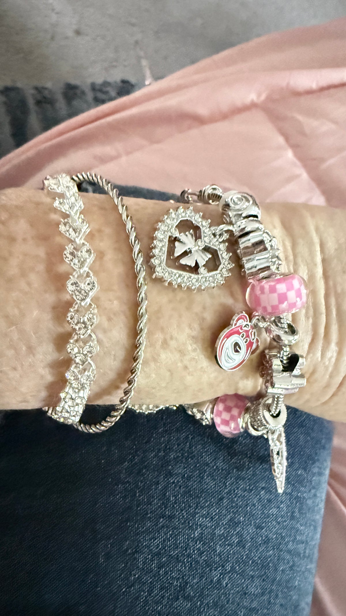 Pandora Style Charm Bracelet with Pink Bear and Crystal Beads