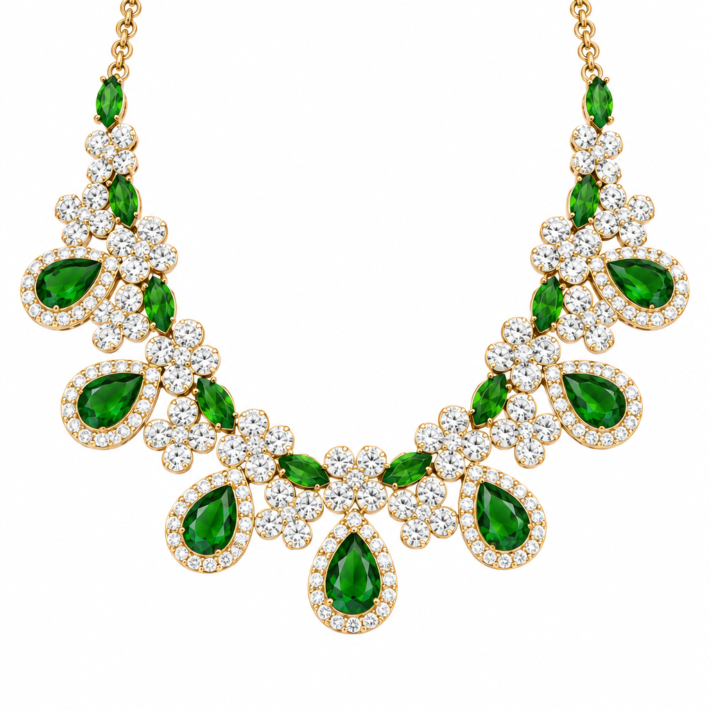 Great Gatsby Bridal Art Deco Necklace or CZ Green Big Dangle Teardrops Statement Bib Collar Necklace