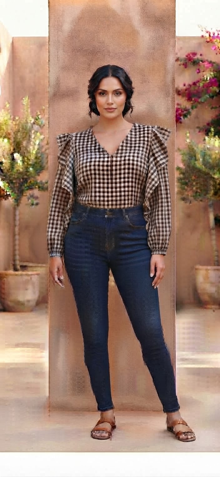 Long Sleeve Brown and Cream Ruffled V-neck Women's Top