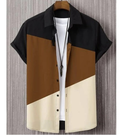 Fashion Trendy Men's Shirt Digital Printing Casual Breathable Stand Collar Short Sleeve