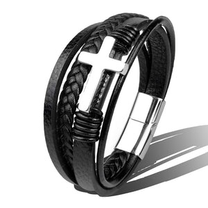 Stainless Steel Leather Cross Brown Black Bracelet Men Hiphop Jewelry