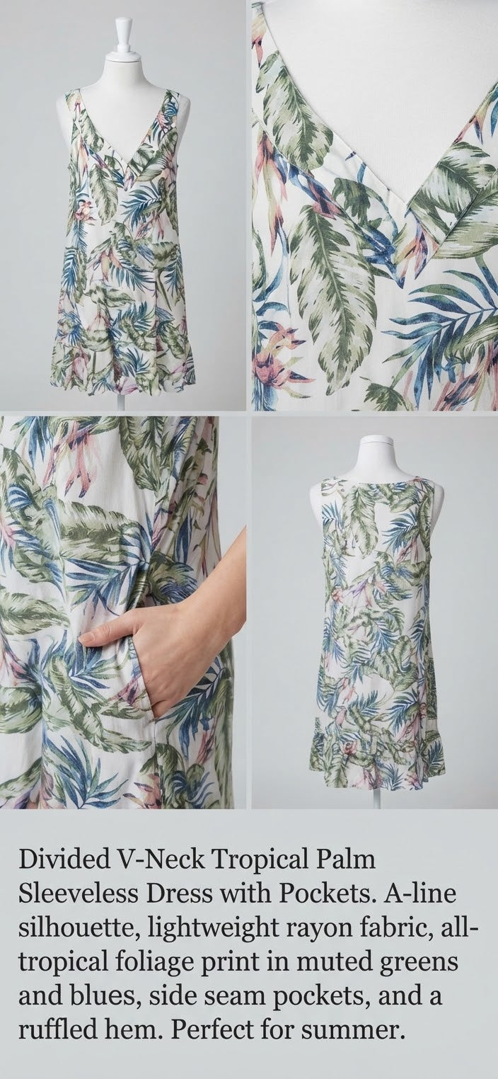 Divided V-Neck Tropical Palm Sleeveless with Pockets Sundress Size 12