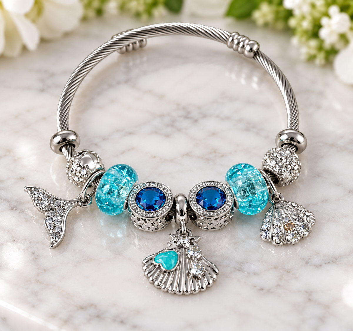Ocean Charm Bangle and Bracelet Set Blue Crystals