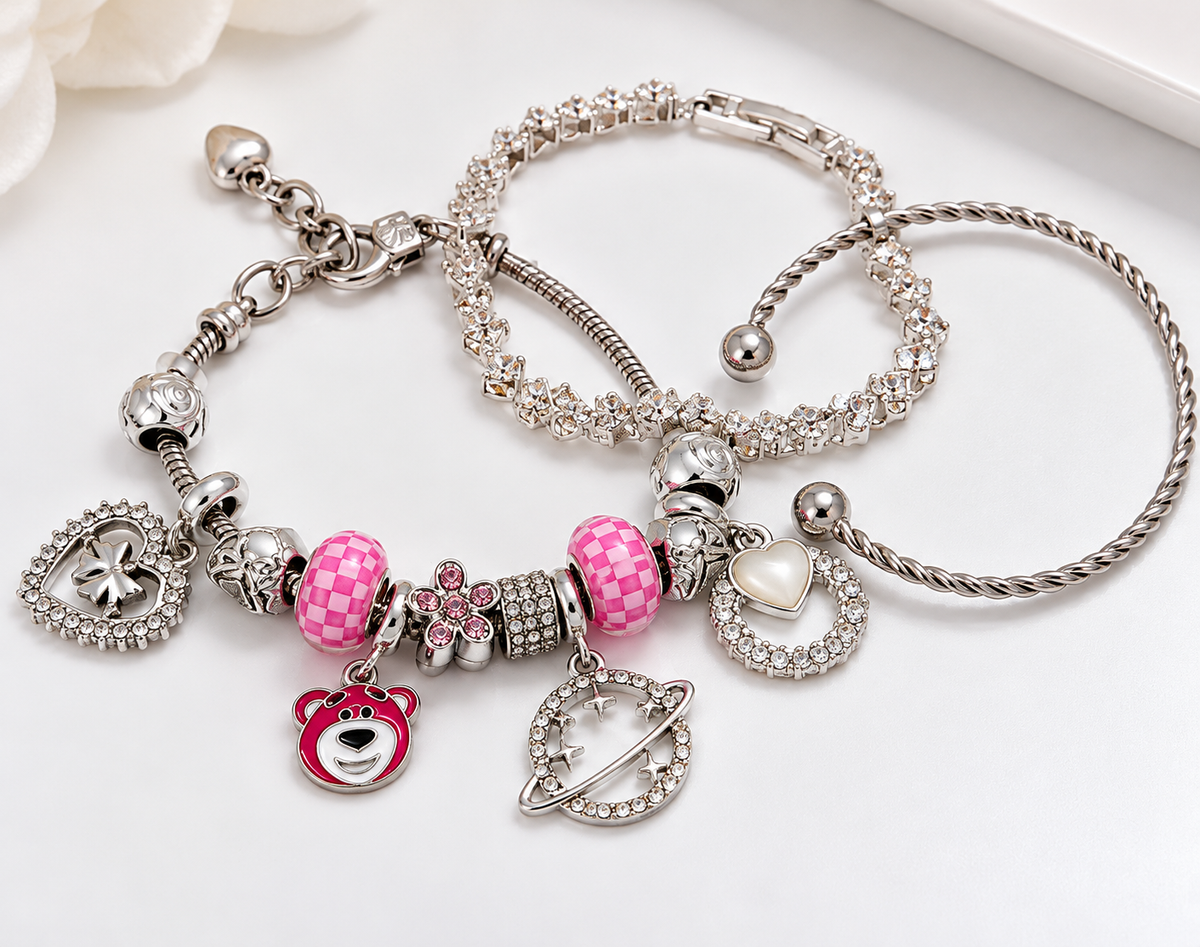 Pandora Style Charm Bracelet with Pink Bear and Crystal Beads