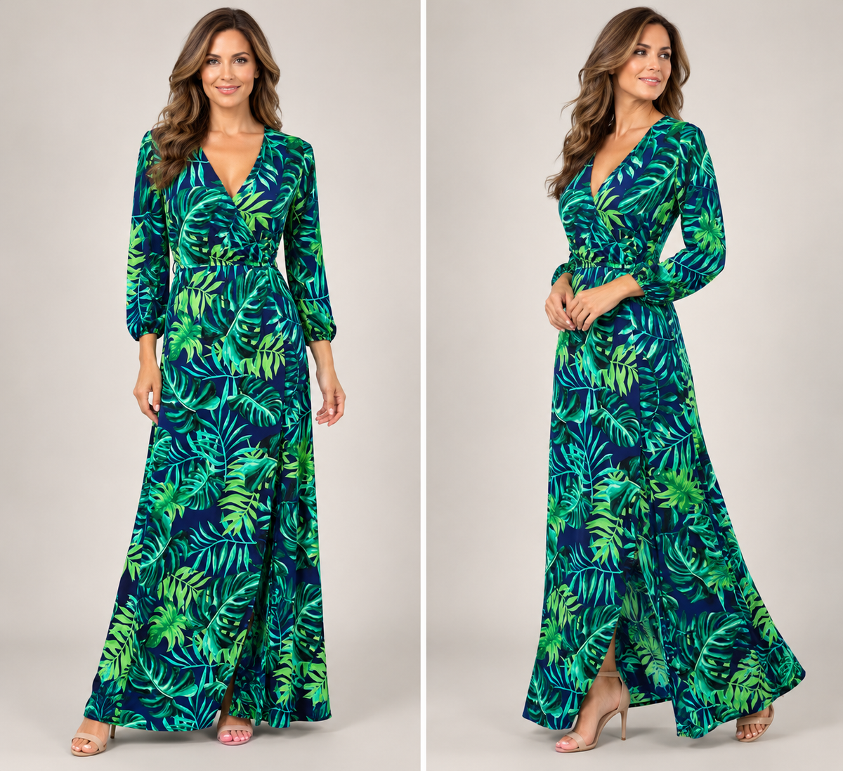 Tropical Print Faux Wrap 3/4 Sleeve Midi Dress by Iris Size Medium