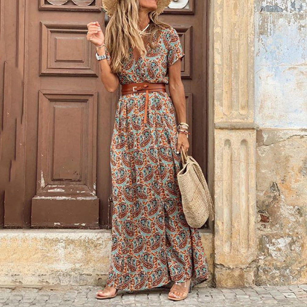 HOT SALE!! Boho Women V Neck Short Sleeve Paisley Print Belt Large Hem Beach Long Dress print dress summer beach dress with belt