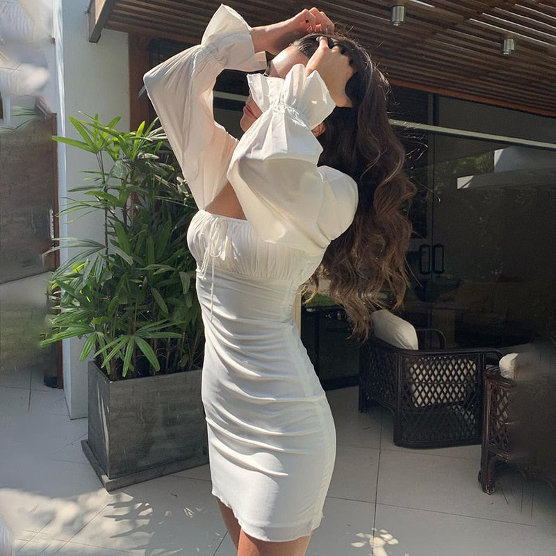 Yimunancy Square Collar Bodycon Dress Women Long Sleeve Dress Autumn Drawstring White Dress Robes