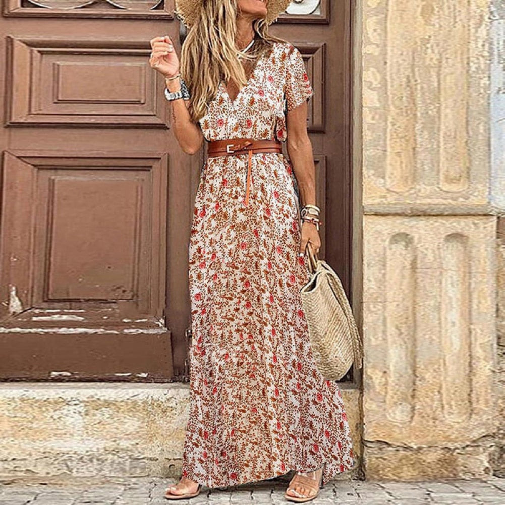 HOT SALE!! Boho Women V Neck Short Sleeve Paisley Print Belt Large Hem Beach Long Dress print dress summer beach dress with belt