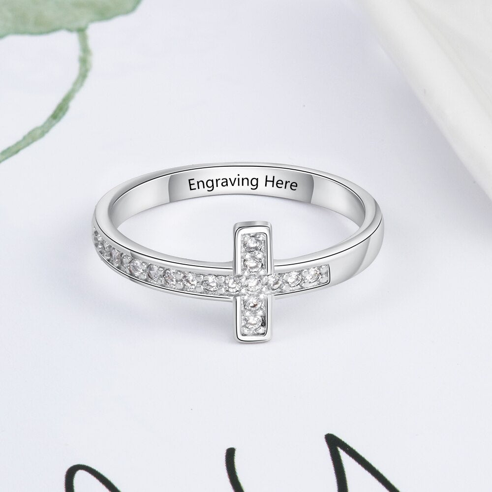 Personalized Cubic Zirconia Cross Rings for Women Customized Inner Engraved Name Ring Jewelry Gift for Girls (JewelOra RI103801)