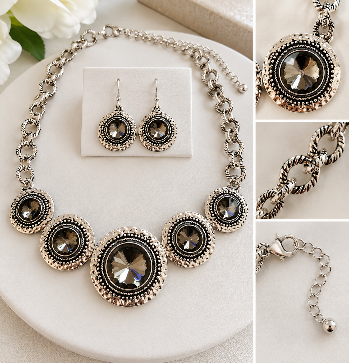 Statement Smoky Crystal Necklace & Matching Earrings Set