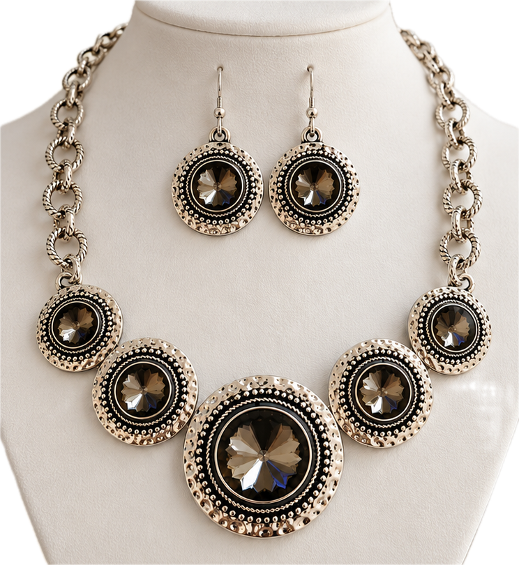 Statement Smoky Crystal Necklace & Matching Earrings Set