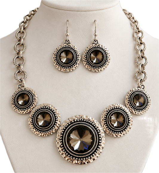 Statement Smoky Crystal Necklace & Matching Earrings Set