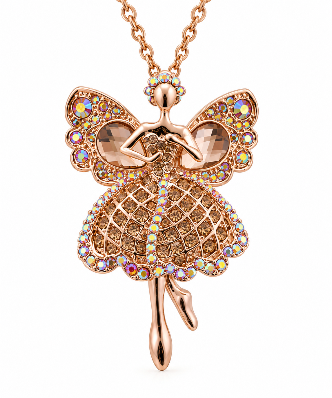 Crystal Fairy Angel Ballerina Necklace Rose Gold Tone