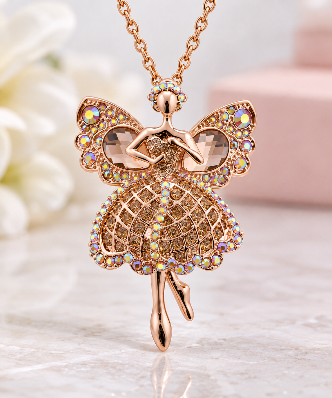 Crystal Fairy Angel Ballerina Necklace Rose Gold Tone
