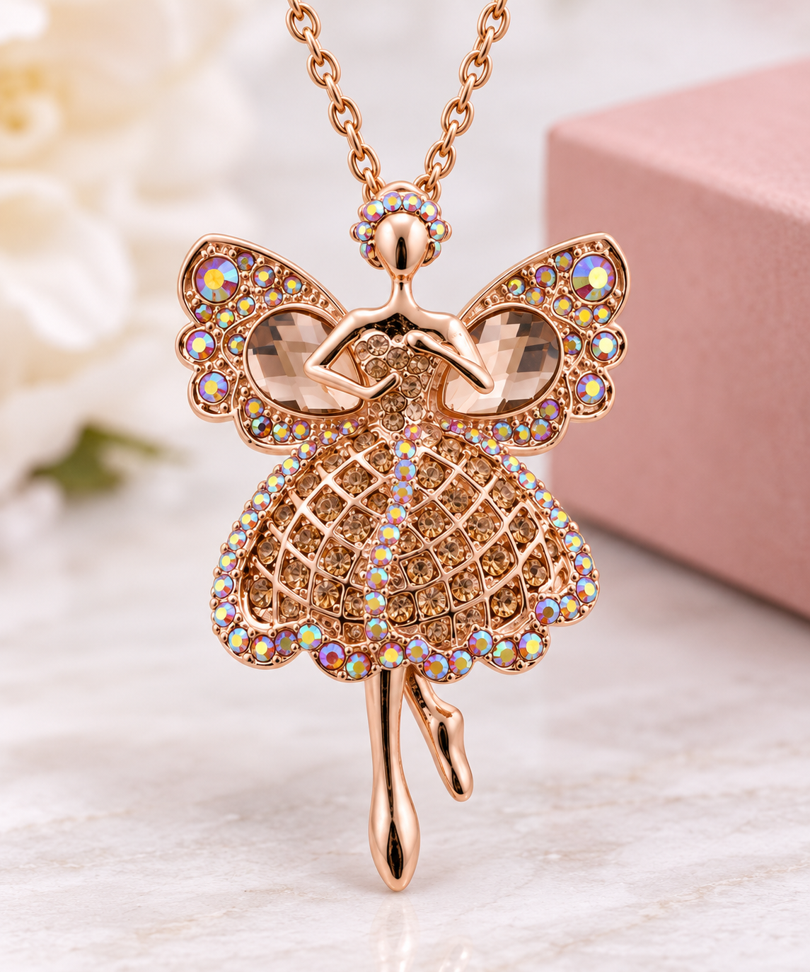 Crystal Fairy Angel Ballerina Necklace Rose Gold Tone
