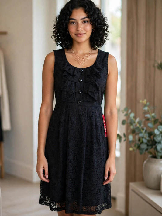 Sleeveless Black Lace Ruffled Front Dress Size 12