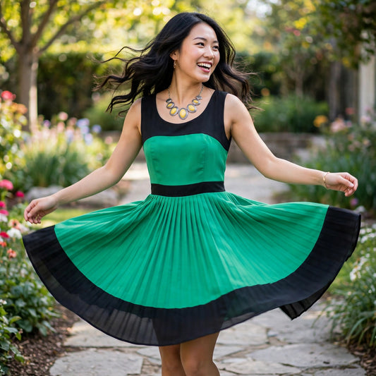 Monteau Green & Black Pleated Dress - Sz Large