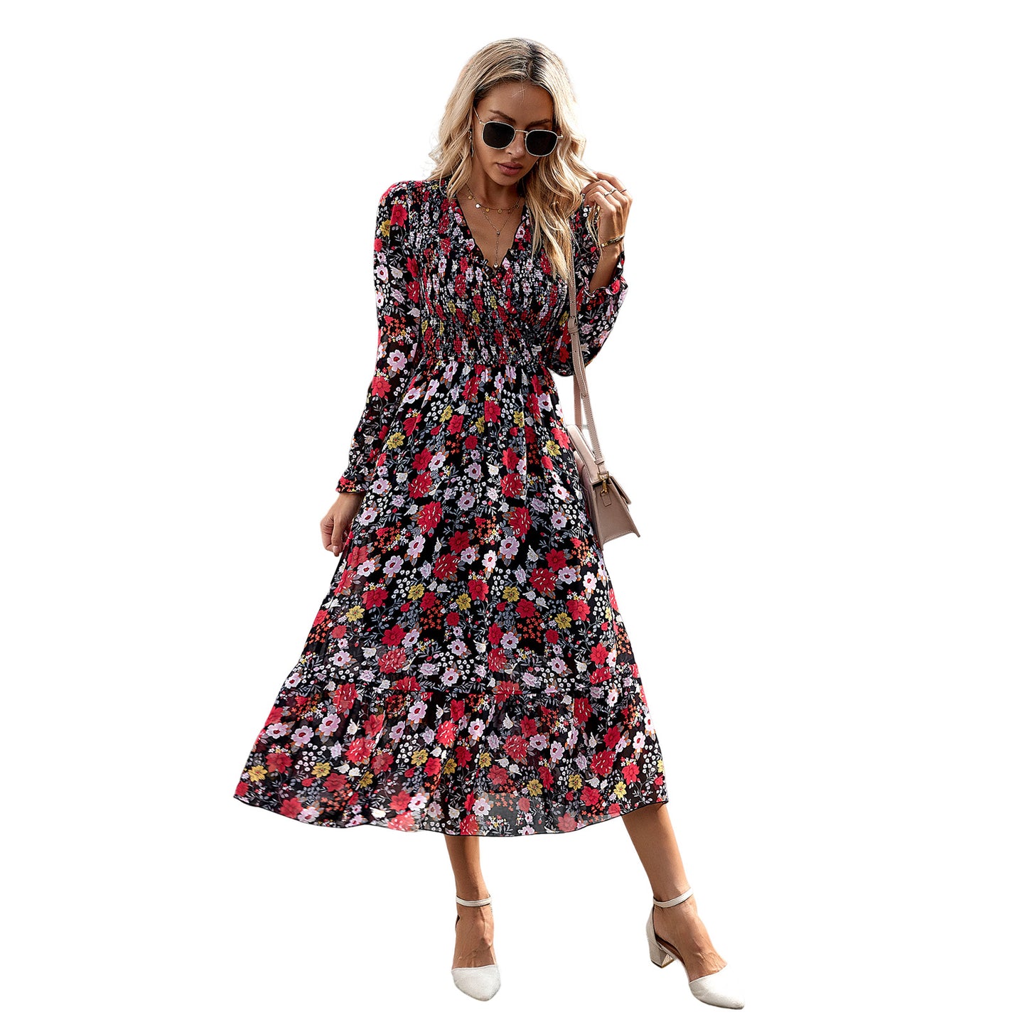 Women's Fashion Elegant V-neck Print Dress