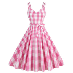 Hepburn Style British Lattice Vintage Belt Barbie Pink Women's Dress