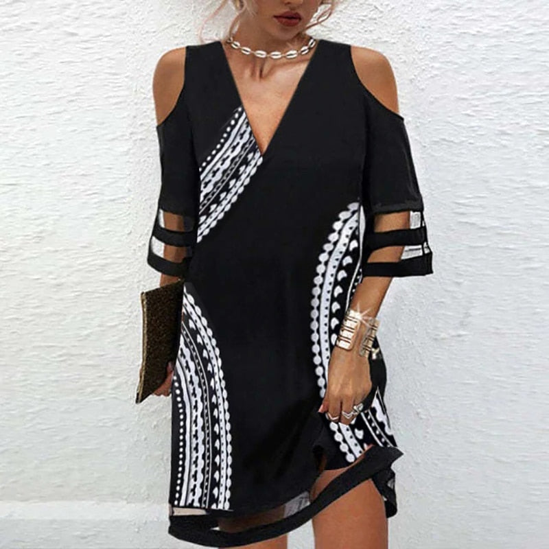 Summer Women Short Dress V Neck Short Sleeve Lace Mesh Patchwork Casual Loose Beach Dress Floral Print Mini Dress S-4XL