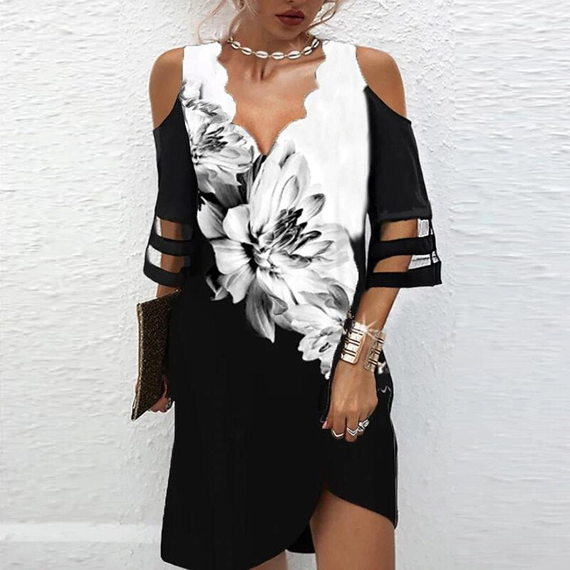 Summer Women Short Dress V Neck Short Sleeve Lace Mesh Patchwork Casual Loose Beach Dress Floral Print Mini Dress S-4XL